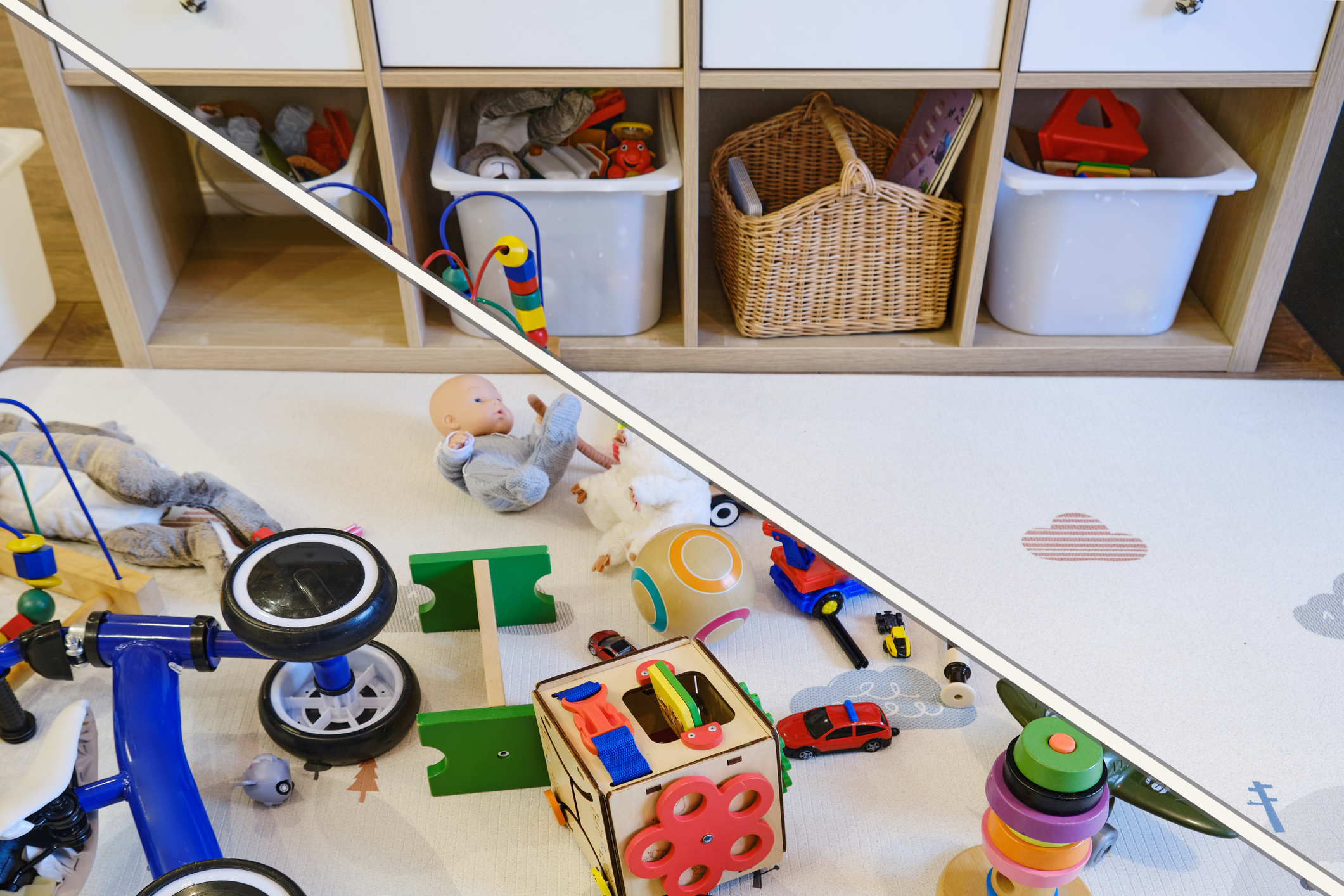 clearing the clutter and organizing children's toys in a playroom