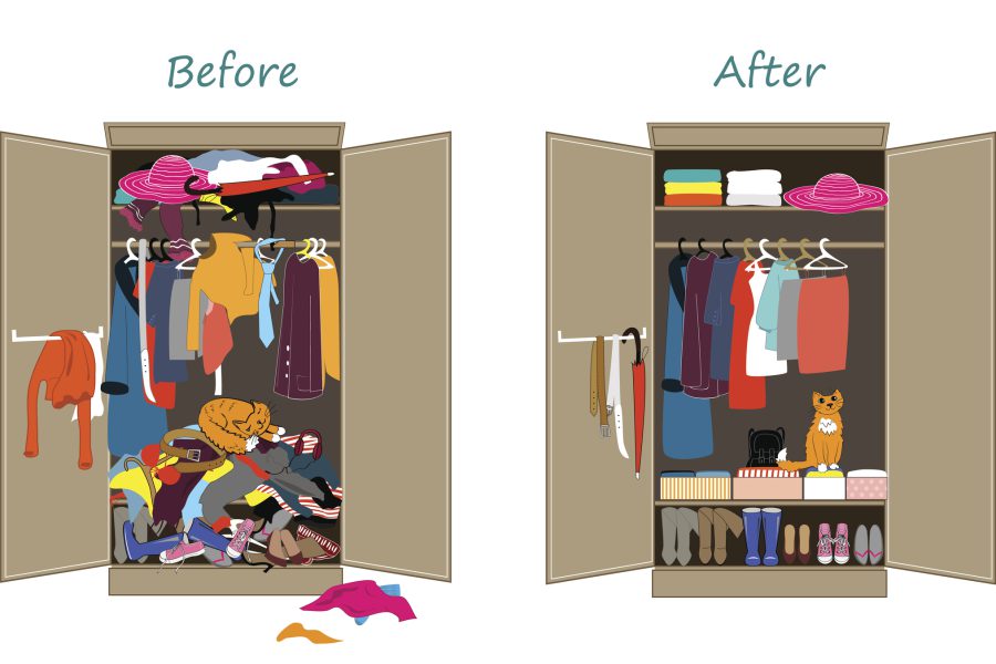 an illustration of a messy, disorganized closet with the heading of 'Before' beside an illustration of an organized closet with the heading 'After'.