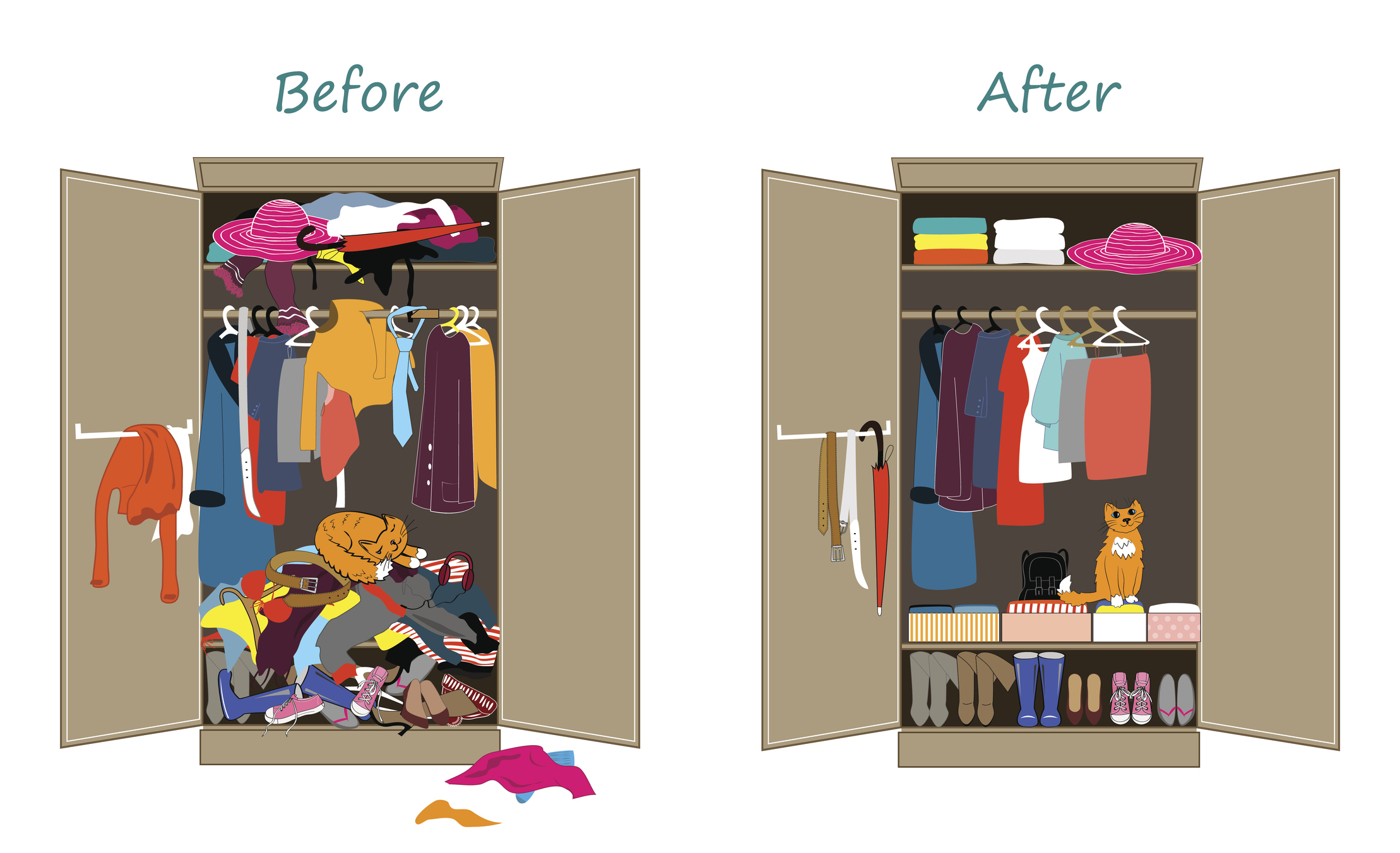an illustration of a messy, disorganized closet with the heading of 'Before' beside an illustration of an organized closet with the heading 'After'.