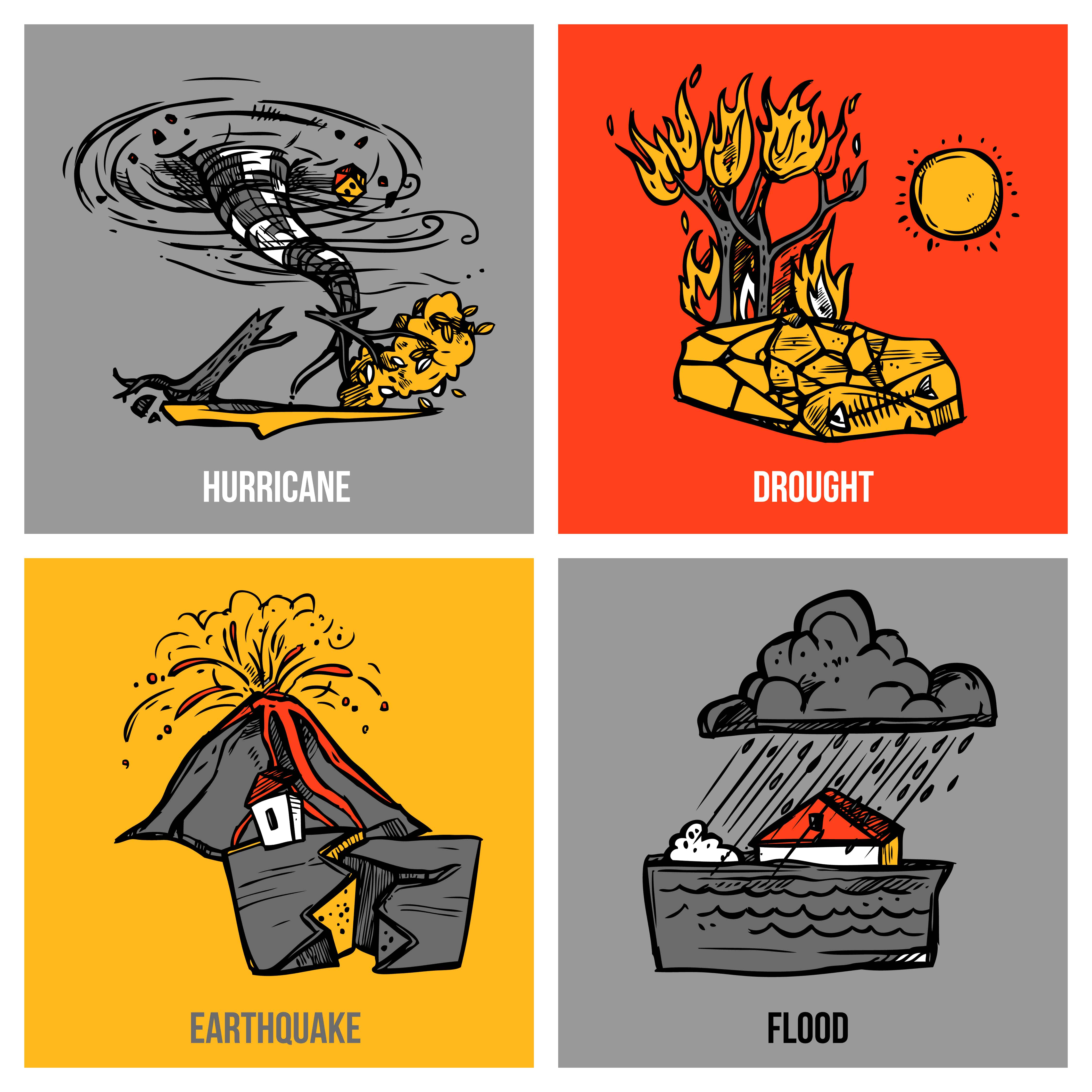 Natural disasters design concept set with hurricane and flood sketch isolated vector illustration